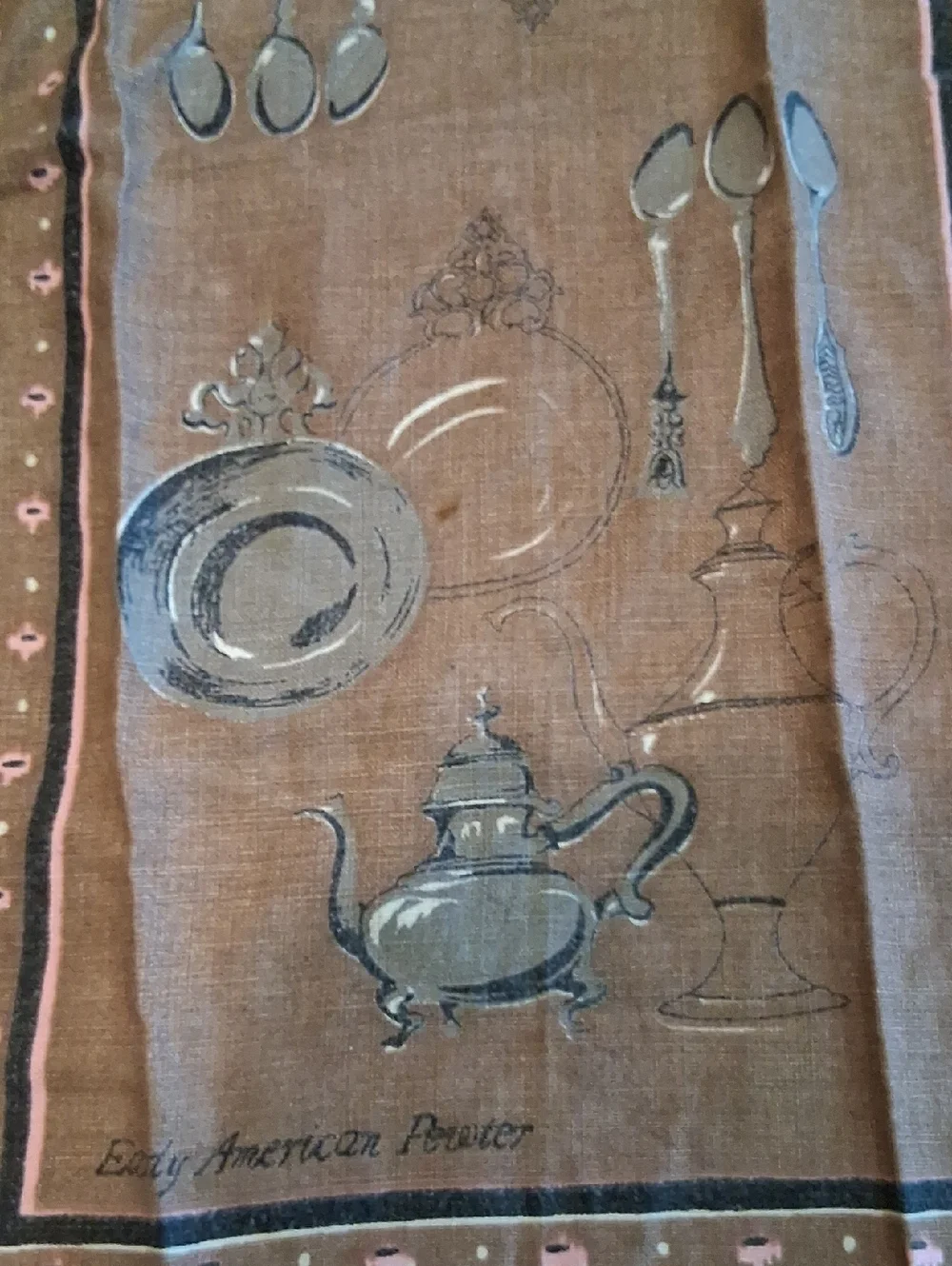 Vintage linen Tea Towels: 1 With Cute sewing Scene, 1 With Early American Pewter